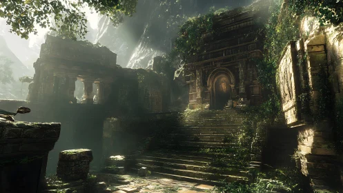 Sunlit jungle temple ruins cradle a mossy forgotten doorway.