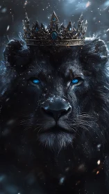 Regal black lion with icy crown and glowing blue eyes.