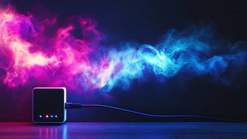 Compact power adapter with neon energy plume effect.