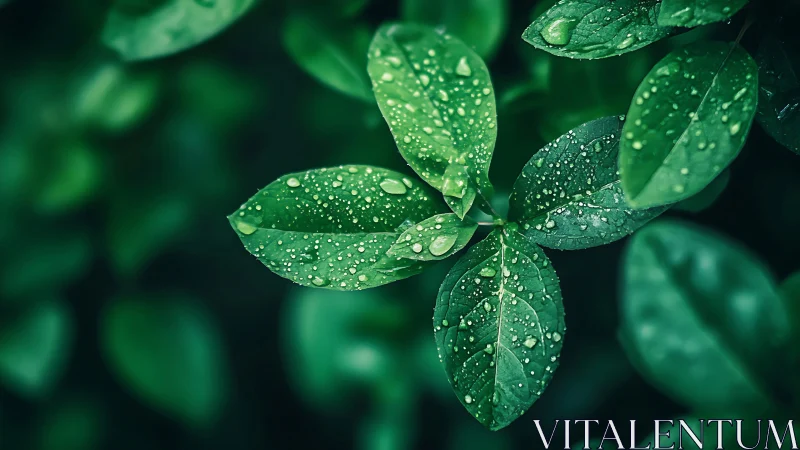 Raindrops resting on fresh green leaves after soft rainfall.