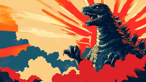 Kaiju silhouette dominates explosive sunrise skyline poster.