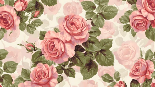 Digital repeat pattern depicts clustered pink roses and foliage