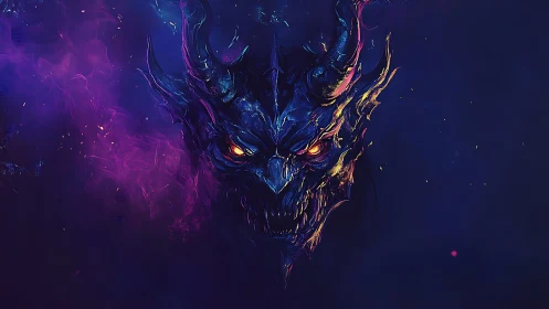 Mystic horned demon emerging from glowing cosmic shadows.