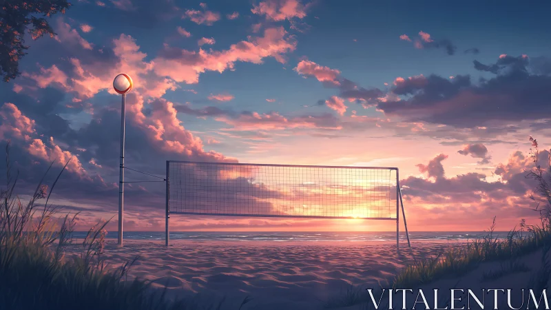 Empty beach volleyball court at sunset with clouded sky.