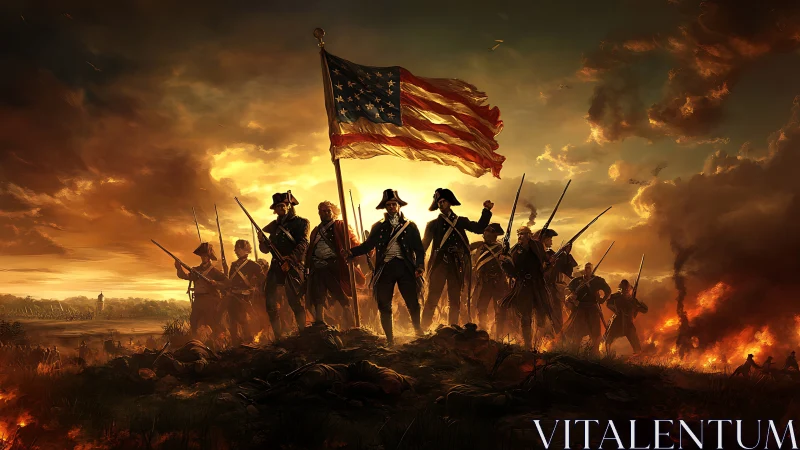 Continental soldiers raise early United States flag in battle