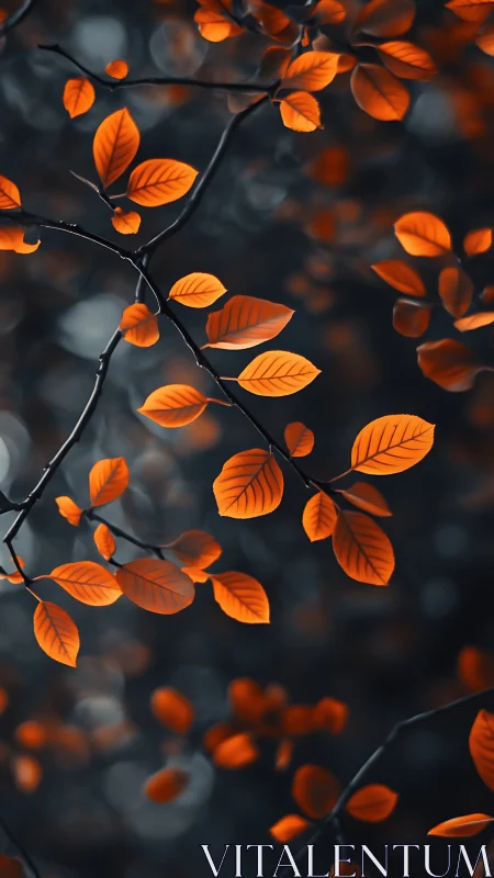 Orange autumn leaves glow against deep blue forest bokeh