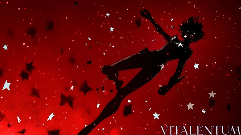 Silhouetted figure drifting through red starfield void.