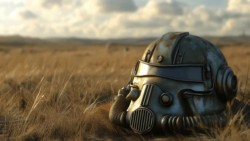 Rusting sci fi helmet resting in dry grassland field.