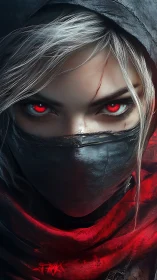 Hooded masked figure with red eyes in close frontal view.