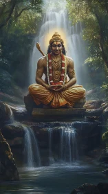 Meditating figure sits before cascading forest waterfall