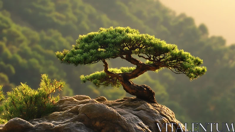 Solitary bonsai pine on sunlit cliff at golden hour.