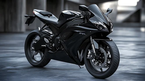 Midnight black superbike in slick urban concrete setting.