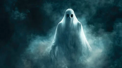 Spectral apparition in atmospheric fog, high-contrast digital rendering.