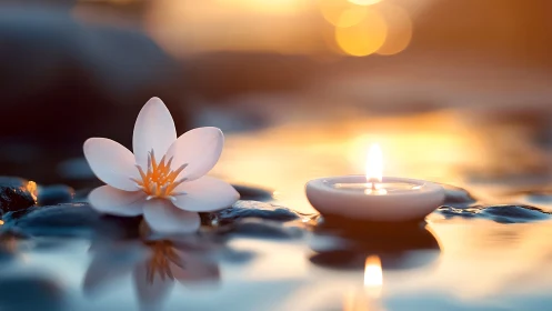 Floating white blossom and tealight candle in sunset bokeh