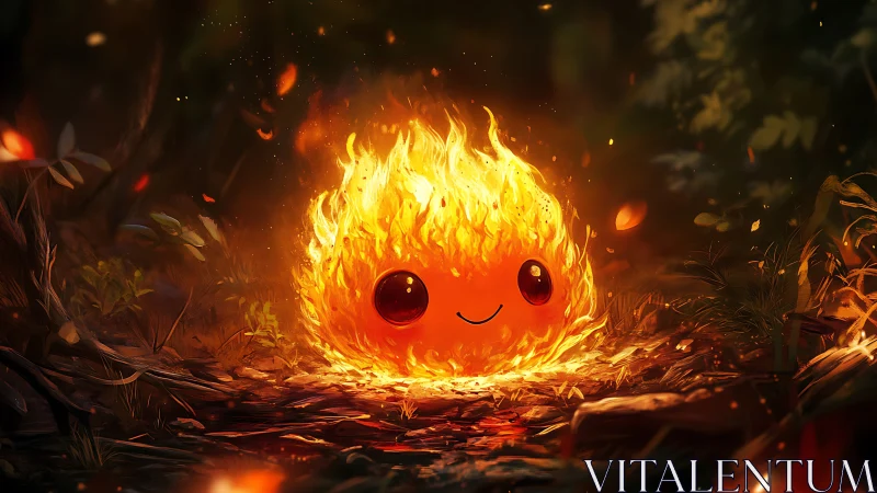 Cute anthropomorphic fire creature surrounded by flames