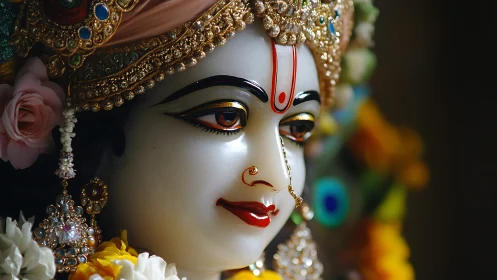 Close portrait of ornate Hindu deity statue with garlands.