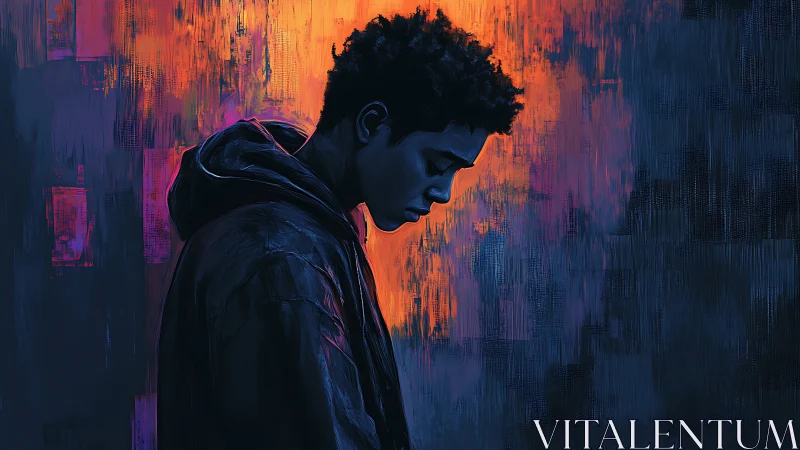 Melancholic youth in hoodie against neon abstract backdrop.