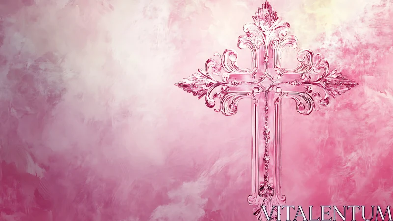 Ornate glass cruciform relief against diffuse pink impasto field.