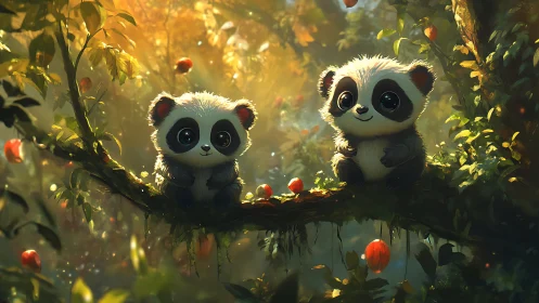 Cozy baby pandas sharing sunlit secrets in a forest grove.