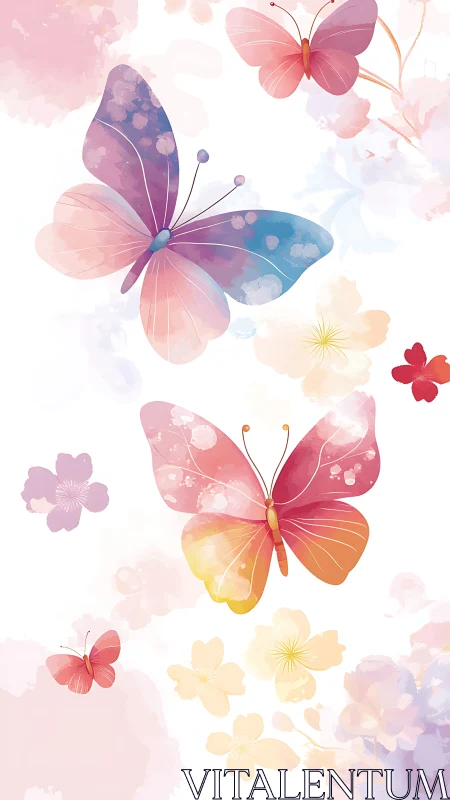 Soft watercolor butterflies drift among pastel blossoms