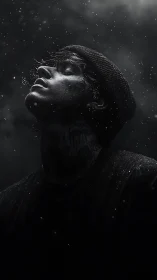 Stormlit dreamer lifts his face to the falling night