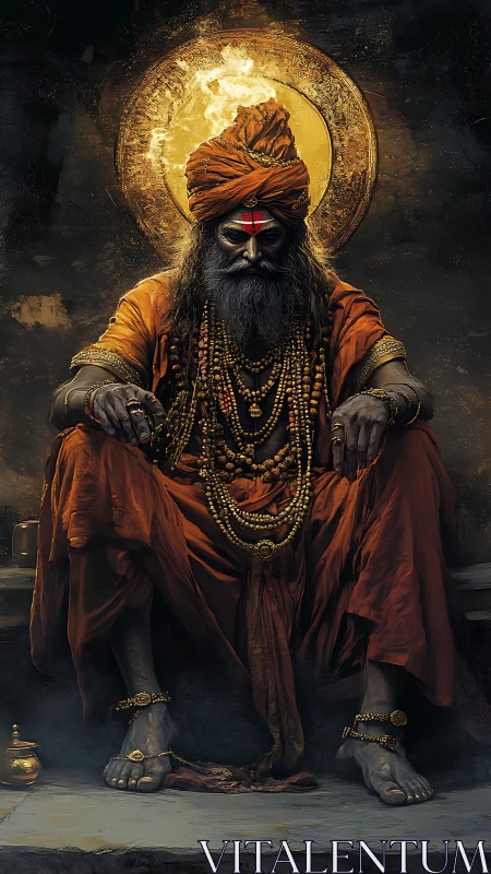 Seated ascetic figure framed by circular luminous backdrop