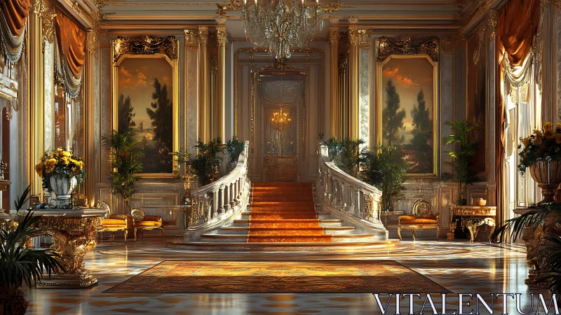 Regal grand staircase in sunlit baroque palace hall.