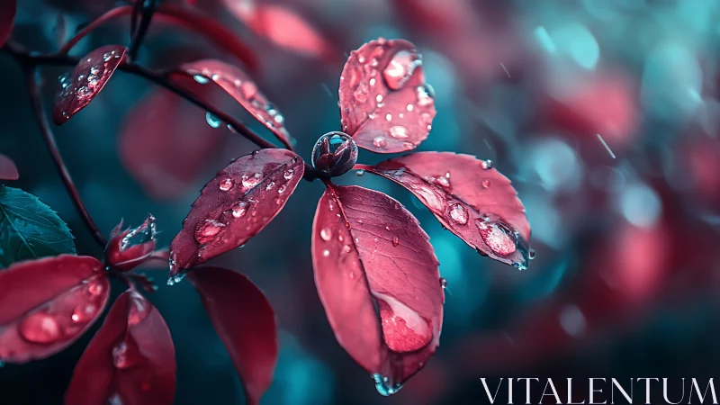 Red leaves with raindrops in cool teal bokeh background.