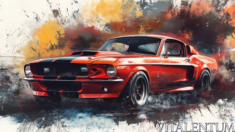 Red classic muscle car rendered in dynamic digital art.