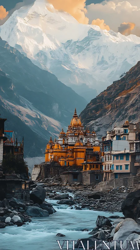 Golden mountain temple rises above glacial river gorge