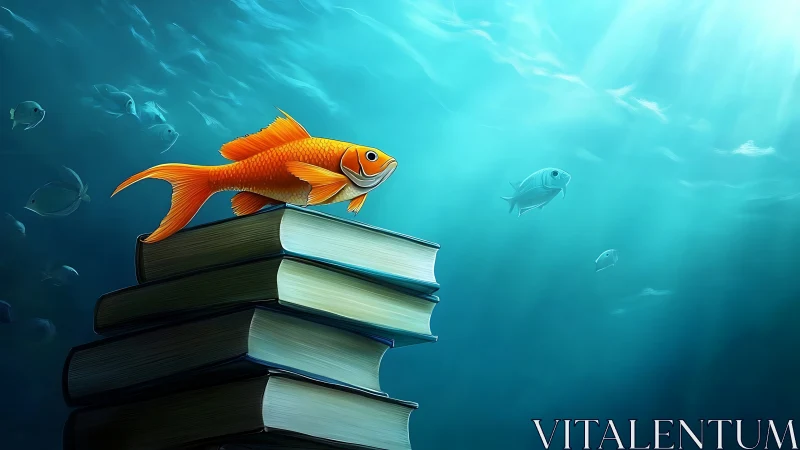 Goldfish on stacked books in blue underwater light column