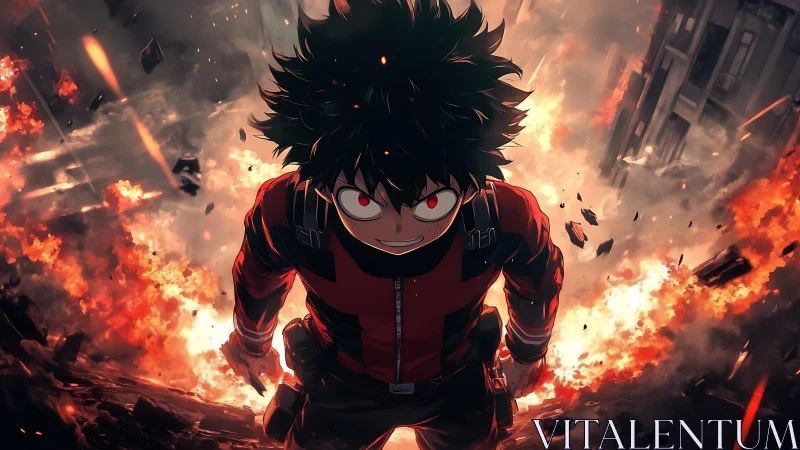 Anime hero strides through inferno with fierce crimson gaze.