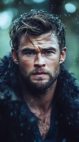 Brooding warrior stands in rain with intense, focused gaze.