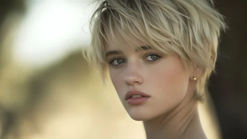 Soft-lit blonde portrait captures quiet confidence outdoors