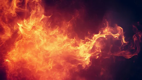 Intense swirling orange fire flames on dark background, digital art.