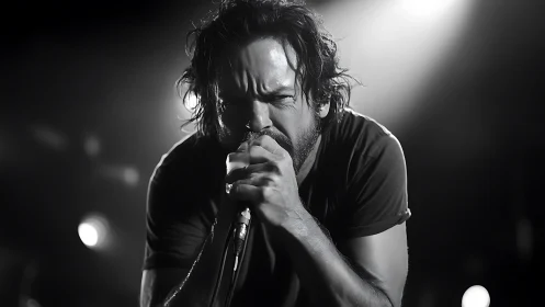 Midnight spotlight grips a roaring singer in raw focus