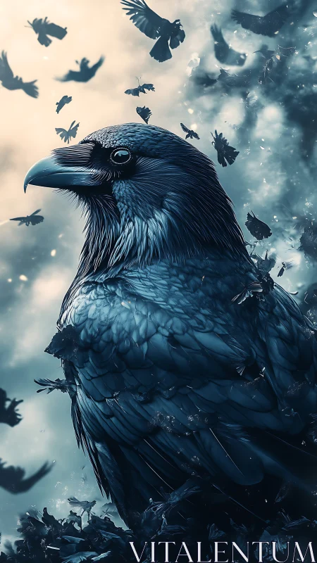Iridescent raven portrait amid swirling flock, cool duotone