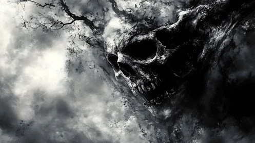 Monochrome skeletal visage emerging from swirling storm clouds