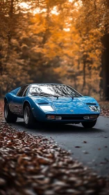 Blue vintage supercar gliding through ember-tinted forest dusk.