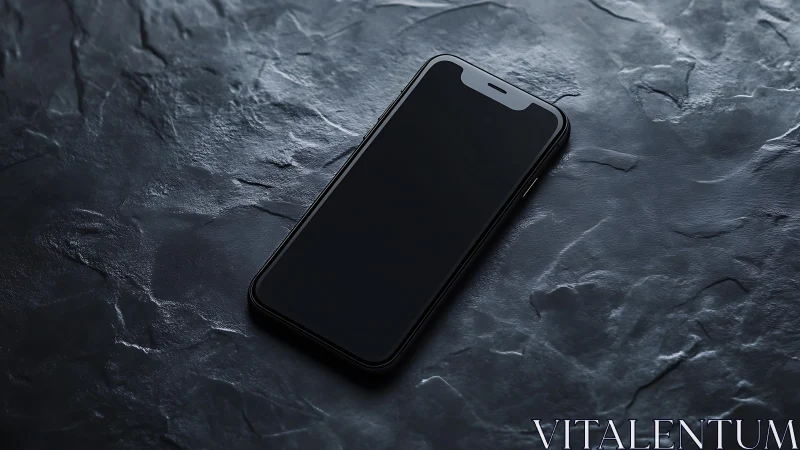 Black smartphone on textured slate surface. Minimalist tech product shot.