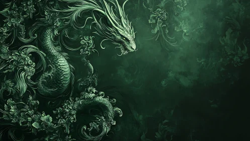 Emerald dragon coils through ornate swirling floral mist