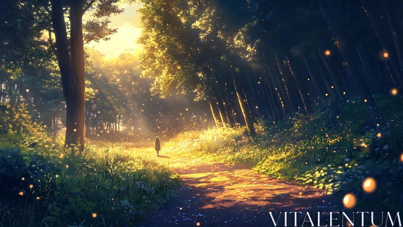 Sunlit forest path with distant solitary figure and fireflies