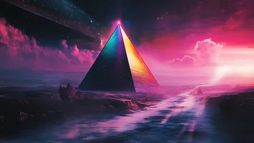 Prismatic space pyramid hums under neon stormcloud skies