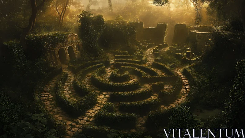 Sunlit overgrown stone labyrinth amid crumbling forest ruins.