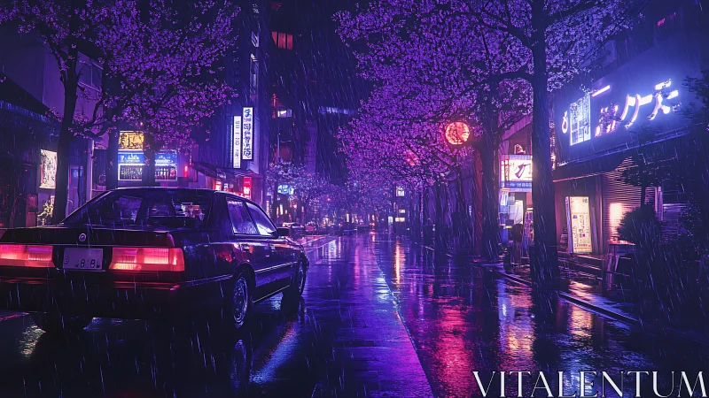 Neon rain drapes a quiet city street in violet reflections