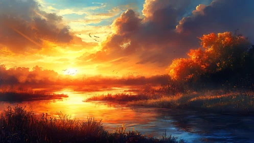Radiant river sunset over autumn reeds and glowing clouds.