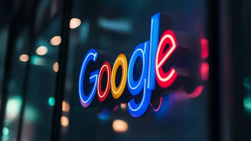Chromatic Google logo signage with shallow depth and neon bokeh