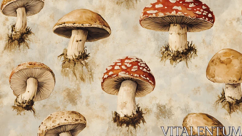 Mushroom illustrations repeat across textured beige background