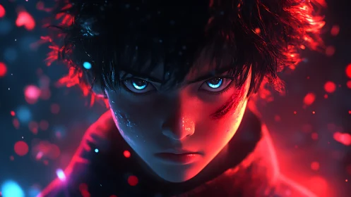 High-contrast anime portrait uses bicolor rim lighting and depth haze