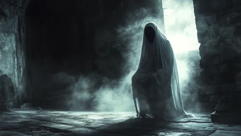 Shrouded specter haunts ruined stone hall in cold mist.